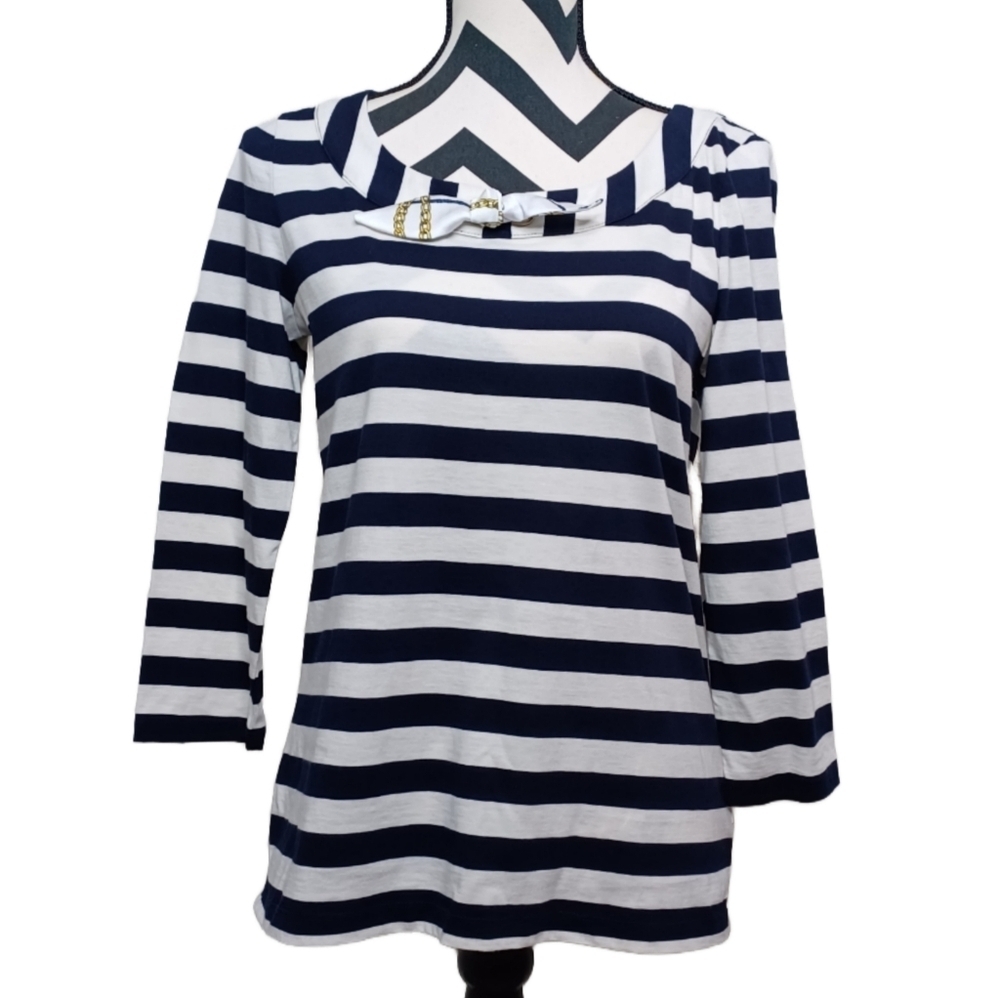 Talbots Bow Tie 100% Pima Cotton Navy Striped Coastal Nautical Office Blouse
